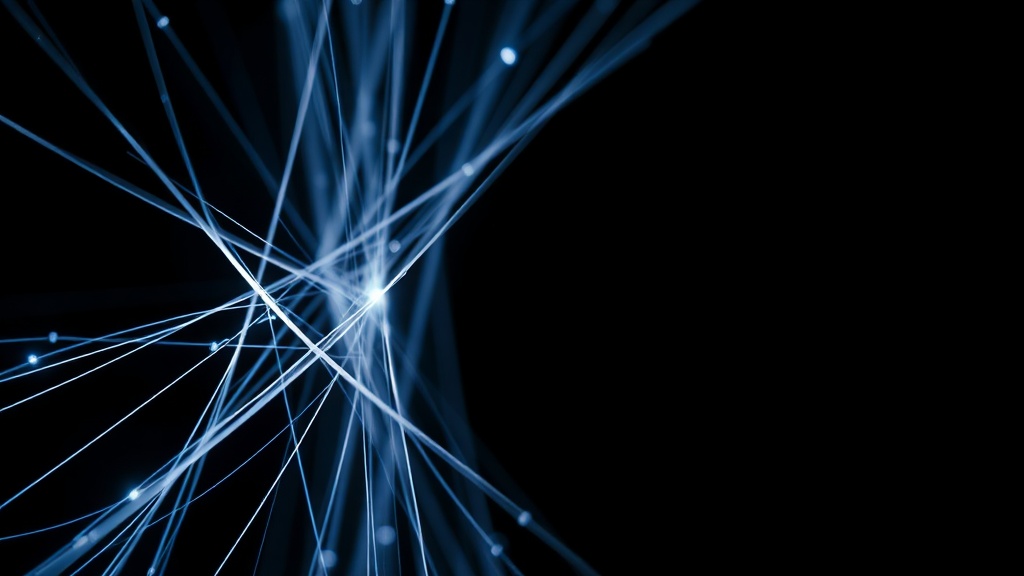Fine threads converging from many sources to a single point of light in the dark